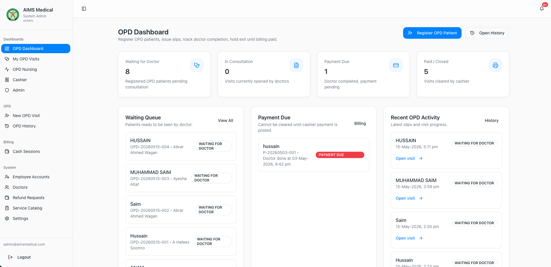 AIMS OPD dashboard showing the live waiting queue, payments due, and recent activity